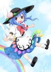  :d blue_hair bow brown_eyes commentary_request day food fruit hat highres hinanawi_tenshi open_mouth peach rainbow sky smile solo touhou yuzuna99 