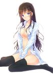  blue_eyes blush breasts brown_hair cleavage covered_nipples highres kazeno large_breasts long_hair naked_shirt navel nipple_slip nipples open_clothes open_shirt original shirt sitting smile solo thighhighs v_arms wariza 
