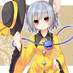  animal_ears commentary_request cosplay grey_hair hand_on_hip hat hat_removed hat_ribbon headwear_removed komeiji_koishi komeiji_koishi_(cosplay) kozakura_(dictionary) mouse_ears nazrin red_eyes ribbon short_hair smile solo third_eye too_bad!_it_was_just_me! touhou upper_body 