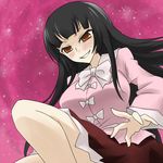  black_hair blush breasts brown_hair from_below grin hime_cut houraisan_kaguya large_breasts long_hair oro_(zetsubou_girl) skirt smile solo touhou vest 