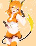  :d animal_ears bare_shoulders black_gloves breasts brown_eyes cleavage gen_1_pokemon gloves hair_between_eyes highres large_breasts looking_to_the_side midriff navel open_mouth orange_background orange_hair orange_legwear personification pokemon raichu short_hair skirt smile solo tail takeshima_(nia) thighhighs zettai_ryouiki 