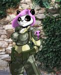  bear big_breasts breasts female hair looking_at_viewer mammal military outside panda pink_hair red_eyes short_hair solo wall wonderduck 