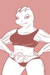  abs belt fangs female looking_at_viewer machoke monochrome muscles muscular_female nintendo pok&eacute;mon shameless skimpy smile sports_bra tagme video_games 