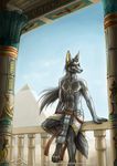  4_toes amber_eyes ancient_egypt ankh anthro anubis architecture arm_support armband armlet balcony black_body black_fur black_hair black_nipples black_nose canine claws columns deity egyptian front fur hair hieroglyphics imiak inviting_look jackal jewelry leaning light loincloth long_hair looking_at_viewer male mammal navel necklace nipples palace paws ponytail pose pyramid sand scarab sekhmet sky smile solo thoth toe_claws topless vobe 