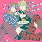  argyle argyle_sweater askr_(mymy) black_eyes blonde_hair blue_eyes bug food giorno_giovanna guido_mista happy_birthday hat heart insect italian jojo_no_kimyou_na_bouken ladybug midriff multiple_boys pudding spoon sweater turtleneck 