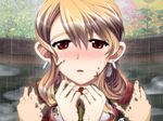  1girl blush brown_hair edelweiss game_cg ibuki_mei katakura_shinji mud necktie red_eyes teacher 