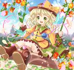  bird blue_sky boots bow cloud daiso day field flower flower_field green_eyes hat hat_bow hat_flower komeiji_koishi long_sleeves open_mouth petals shirt silver_hair skirt sky smile solo swing swinging third_eye touhou wide_sleeves 