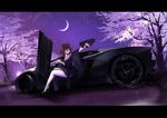  1girl brown_hair bullpup car cherry_blossoms crescent furisode gun japanese_clothes jewelry kimono lamborghini lamborghini_aventador magpul_pdr moon motor_vehicle necklace obi submachine_gun terabyte_(rook777) twintails vehicle weapon 