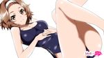  breasts hairband large_breasts looking_at_viewer lying mizuki_makoto narita_ruu on_back one-piece_swimsuit photokano school_swimsuit short_hair simple_background solo swimsuit white_background 