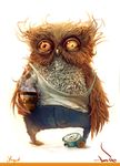  amazing avian beak bloodshot_eyes brown_feathers cloth clothing coffee feral half-closed_eyes looking_at_viewer male orange_eyes owl plain_background shirt signature slippers solo standing tank_top tired toodeee white_background white_feathers yellow_sclera 