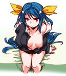  bed blue_hair breasts dizzy from_above guilty_gear hair_ribbon large_breasts long_hair long_sleeves off_shoulder open_clothes open_shirt red_eyes ribbon ryuuri_(aoithigo) shirt sitting smile solo twintails 