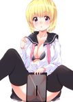  :&lt; amasora_taichi black_bra black_legwear blonde_hair bra breasts censored cleavage large_breasts looking_at_viewer open_clothes open_shirt original purple_eyes pussy school_uniform serafuku shirt short_hair simple_background solo thighhighs underwear white_background 