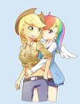  alternate_hairstyle applejack bad_id bad_pixiv_id blue_background breasts cleavage hat highres hug hug_from_behind long_hair medium_breasts midriff multiple_girls my_little_pony my_little_pony_friendship_is_magic personification ponytail rainbow_dash simple_background sunyukun wings yuri 