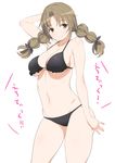  arm_up bare_shoulders bikini braid breasts brown_eyes brown_hair cleavage frilled_bikini frills groin highres large_breasts navel nora_higuma ootani_momoko photokano smile solo swimsuit thick_thighs thighs translated twin_braids twintails underboob 