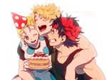  2boys apron bad_id bad_pixiv_id birthday_cake black_hair blonde_hair blue_eyes bow caesar_anthonio_zeppeli cake dress facial_mark food grin hair_bow hair_ribbon hat jojo_no_kimyou_na_bouken joseph_joestar_(young) maguro_(ma-glo) multiple_boys party_hat polka_dot ribbon smile suzi_q 