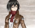  black_hair emblem idtmli jacket mikasa_ackerman paradis_military_uniform rain scarf shingeki_no_kyojin short_hair solo training_corps_(emblem) 