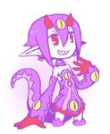  desco desco_(disgaea) disgaea earrings horn horns jewelry makai_senki_disgaea_4 monster_girl pointy_ears purple_hair red_eyes sharp_teeth solo tail 