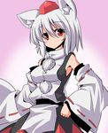  animal_ears bare_shoulders breasts detached_sleeves gradient gradient_background hat inubashiri_momiji kokutou_nikke looking_at_viewer medium_breasts red_eyes short_hair silver_hair simple_background solo standing tail tokin_hat touhou upper_body wolf_ears wolf_tail 
