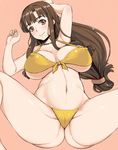  arms_up ass bangs bikini blunt_bangs blush breasts brown_eyes brown_hair cameltoe cleavage covered_nipples cowboy_shot crotch curvy from_above front-tie_bikini front-tie_top hai_ookami head_tilt highres jewelry large_breasts light_smile long_hair looking_at_viewer low-tied_long_hair lying navel necklace on_back parted_bangs pink_background saaya_(suisei_no_gargantia) sidelocks simple_background smile spread_legs strap_gap suisei_no_gargantia swimsuit thick_thighs thighs underboob very_long_hair yellow_bikini 
