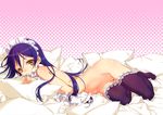  absurdres apron black_legwear brown_eyes censored garters halftone halftone_background highres huge_filesize long_hair love_live! love_live!_school_idol_project lying maid_headdress mouth_hold naked_apron navel ooyari_ashito pointless_censoring purple_hair pussy scan smile solo sonoda_umi thighhighs 