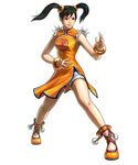  black_hair blue_eyes bracelet breasts china_dress chinese_clothes dress fighting_stance flats jewelry kawano_takuji ling_xiaoyu official_art orange_shirt project_x_zone scrunchie shirt shorts sleeveless small_breasts smile solo tassel tekken twintails 