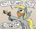  blonde_hair brown_eyes cutie_mark derp_eyes derpy_hooves_(mlp) dialog docwario doing_it_wrong english_text equine fail female feral friendship_is_magic gun hair horse mammal mask my_little_pony pegasus plain_background pony ranged_weapon revolver solo standing text weapon white_background wings 