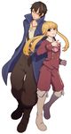  anchor androgynous armband belt blonde_hair boots brown_hair coat grey_eyes hands_in_pockets long_hair multiple_boys niso ponytail smile umineko_no_naku_koro_ni ushiromiya_lion willard_h_wright yellow_eyes 