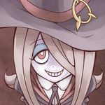  1girl brown_hair eyeshadow face grin guroneko hair_over_one_eye hat little_witch_academia makeup red_eyes sitting skull smile solo sucy_manbabalan teeth witch witch_hat 