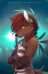 abstract_background amber_eyes anthro antiander breasts brown_fur brown_nose canine claws ear_piercing female fur hair hi_res looking_at_viewer mammal necklace piercing red_hair short_hair smile solo standing under_boob white_fur wolf 