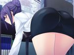  1girl ass ayase_hazuki bent_over blush breasts from_behind game_cg highres labcoat legs miniskirt purple_hair red_eyes serious short_hair skirt solo straight_shota tappuri_ijitte_ageru thighs 