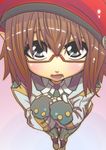  absurdres beret blush brown_hair close-up face foreshortening from_above glasses grey_eyes hands_on_own_chest hat highres navigator_dress open_mouth phantasy_star phantasy_star_online_2 red-framed_eyewear semi-rimless_eyewear under-rim_eyewear wisespeak 