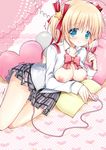  absurdres bad_id bad_pixiv_id blonde_hair blue_eyes blush bow breasts breasts_outside cleavage hair_ribbon highres kamikita_komari little_busters! medium_breasts nipples no_bra pink_bow pussy_juice ribbon school_uniform shira_ichigo_(ichigohou) short_hair smile solo tears vibrator 