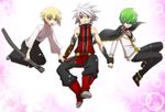  arin66 belt black_pants blazblue blazblue_phase_0 blonde_hair boots cape closed_eyes elbow_gloves gloves green_eyes green_hair hair_over_eyes hakama heterochromia holding_hands japanese_clothes jin_kisaragi kazuma_kuvaru male_focus multiple_boys open_mouth pants ragna_the_bloodedge red_eyes school_uniform silver_hair sweatdrop younger 