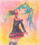  artist_name garter_straps green_eyes green_hair hatsune_miku honey_whip_(module) long_hair mayo_riyo project_diva_(series) project_diva_f skirt solo sweet_devil_(vocaloid) thighhighs traditional_media twintails vocaloid 