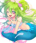  ;d bad_id bad_pixiv_id blush breasts clam cleavage green_hair hair_ornament jewelry licoly long_hair medium_breasts mermaid monster_girl muromi-san namiuchigiwa_no_muromi-san navel necklace one_eye_closed open_mouth pearl red_eyes seashell shell smile solo twintails two_side_up underwater v very_long_hair 