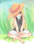  bad_id bad_pixiv_id barefoot blonde_hair blue_eyes blush food food_in_mouth full_body hat hat_over_one_eye indian_style long_hair mouth_hold pani_poni_dash! popsicle rebecca_miyamoto shappo_(dodosyappo) sitting skirt solo summer sweat tank_top v_arms 