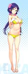  absurdres bare_legs bikini bracelet breast_suppress breasts choker cleavage flower gloves green_eyes hair_flower hair_ornament halftone halftone_background highres jewelry large_breasts legs long_hair long_legs love_live! love_live!_school_idol_project low_twintails navel ooyari_ashito pigeon-toed purple_hair side-tie_bikini skindentation smile solo swimsuit thighs toujou_nozomi twintails white_gloves 
