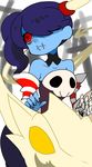  bare_shoulders blue_skin detached_collar detached_sleeves hair_over_one_eye leviathan_(skullgirls) long_hair purple_hair red_eyes side_ponytail skull skullgirls solo squigly_(skullgirls) stitched_mouth stitches striped striped_sleeves yuriyuri_(ccc) zombie 