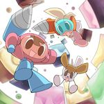  1girl anna_hottenmeyer brown_eyes brown_hair dog drill falling from_below hori_susumu looking_down monster mr._driller open_mouth oyatsu_(mk2) puchi_(mr._driller) simple_background smile visor white_background 