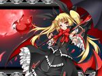  bat black_capelet black_umbrella blazblue blonde_hair bow capelet cat detached_sleeves dress frills full_moon gii gothic_lolita hair_ribbon lolita_fashion long_hair moon nago petals rachel_alucard red_bow red_eyes red_moon red_wings ribbon roura sky smile twintails umbrella wings 