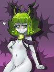  ahoge anger_vein covering covering_breasts defense_of_the_ancients dota_2 flat_chest genderswap genderswap_(mtf) green_eyes green_hair greyface horns humanization jitome nipples nude pale_skin pointy_ears pubic_hair puckered_lips pugna_(dota_2) short_hair solo 