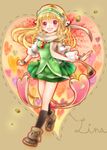 atelier_(series) atelier_lina bad_id bad_pixiv_id blonde_hair character_name full_body green_skirt hairband highres kneehighs koron_(tkhsrui) lina_alterier long_hair pink_eyes scarf shoes skirt smile solo wrist_cuffs 