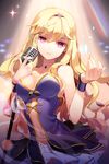  blonde_hair choker dress gilse hairband linia_pacifica long_hair microphone microphone_stand navel pink_eyes ribbon smile solo sparkle spotlight sword_girls wristband 