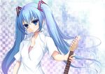  bad_id bad_pixiv_id blue_eyes blue_hair checkered checkered_background electric_guitar guitar hatsune_miku instrument long_hair solo twintails vocaloid yappen 