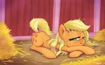  after_sex applejack_(mlp) barn bedroom_eyes blonde_hair butt cum cum_on_butt cutie_mark equine female feral freckles friendship_is_magic fur green_eyes hair hay horse inside looking_at_viewer lying mammal messy messy_hair my_little_pony orange_fur pony smile solo straw sweat syoee_b 