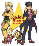  3boys black_hair blonde_hair blue_eyes dio_brando father_and_daughter father_and_son gakuran giorno_giovanna hat jojo_no_kimyou_na_bouken kuujou_jolyne kuujou_joutarou multiple_boys plant potted_plant red_eyes school_uniform tem_(artist) time_paradox toddler younger 