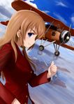  aircraft airplane aksman bad_id bad_pixiv_id biplane blue_eyes brown_hair buttons charlotte_e_yeager grin long_hair smile solo strike_witches swordfish_(airplane) thumbs_up tire world_witches_series 