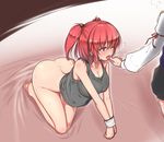  barefoot bdsm bondage bottomless bound bound_wrists breasts cleavage hair_bobbles hair_ornament large_breasts multiple_girls onozuka_komachi open_mouth red_eyes red_hair shiki_eiki tank_top tongue tongue_grab tongue_out totosu touhou two_side_up yuri 