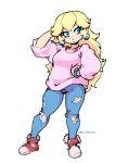  1girl baggy_clothes blonde_hair blue_earrings blue_eyes casual commentary dan_heron denim english_commentary full_body hand_on_hip jeans long_hair mario_(series) nintendo no_headwear pants pink_sweater princess_peach scrunchie shoes sneakers solo standing super_mario_bros. sweater torn_clothes torn_jeans torn_pants white_background wrist_scrunchie 