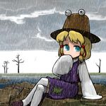  aqua_eyes blonde_hair blush cloud frog hat moriya_suwako ninniku_(ninnniku105) rain short_hair sitting sleeves_past_wrists solo thighhighs touhou tree 